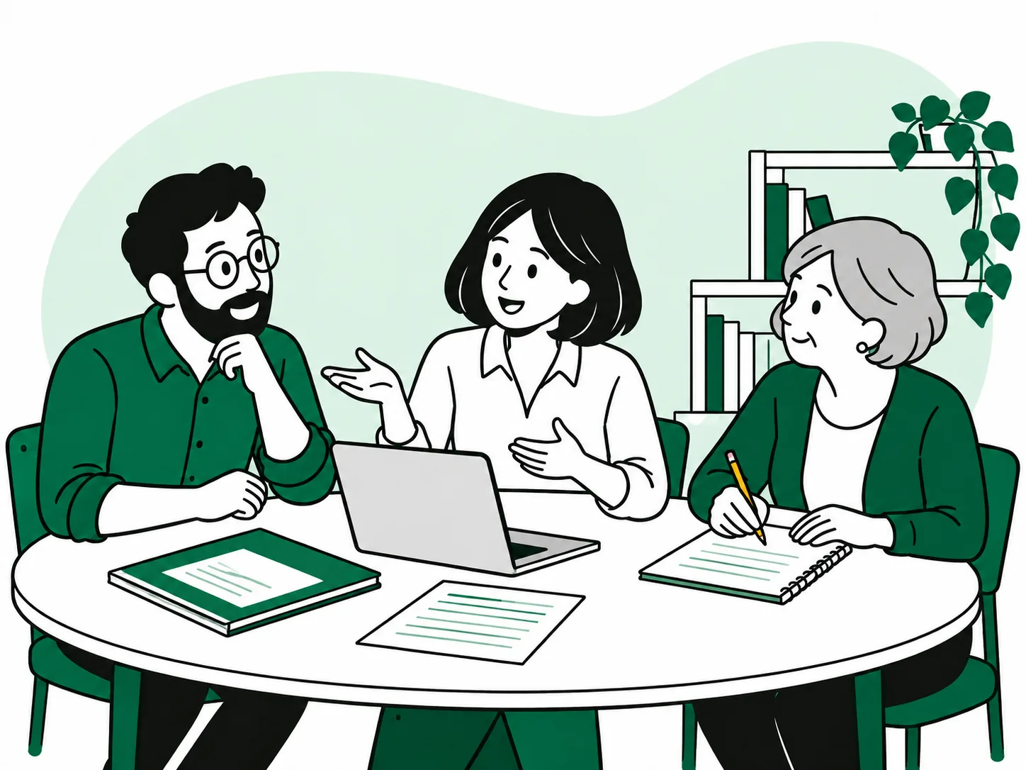 Três professores conversam sobre materiais educacionais: um escuta, outra compartilha suas ideias e uma terceira registra a conversa, em uma mesa com livros e notebook.