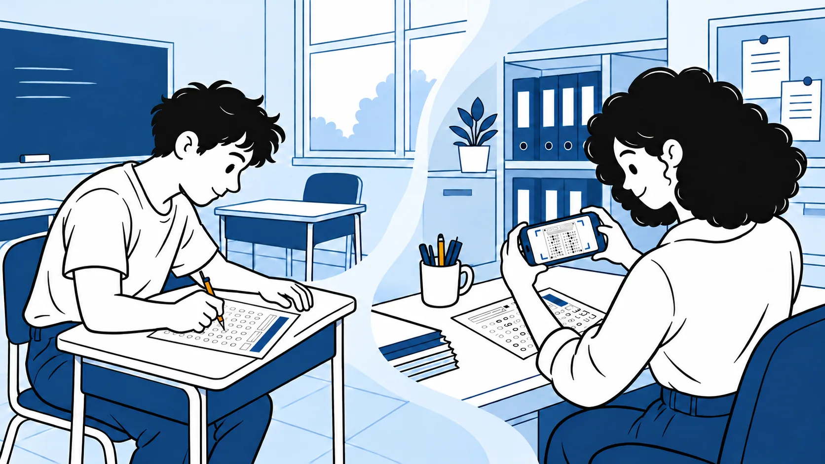 Aluno faz uma avaliação em uma sala de aula; em outro ambiente, uma professora escaneia um cartão de respostas na sala dos professores. Os espaços se conectam por uma curva azul clara.